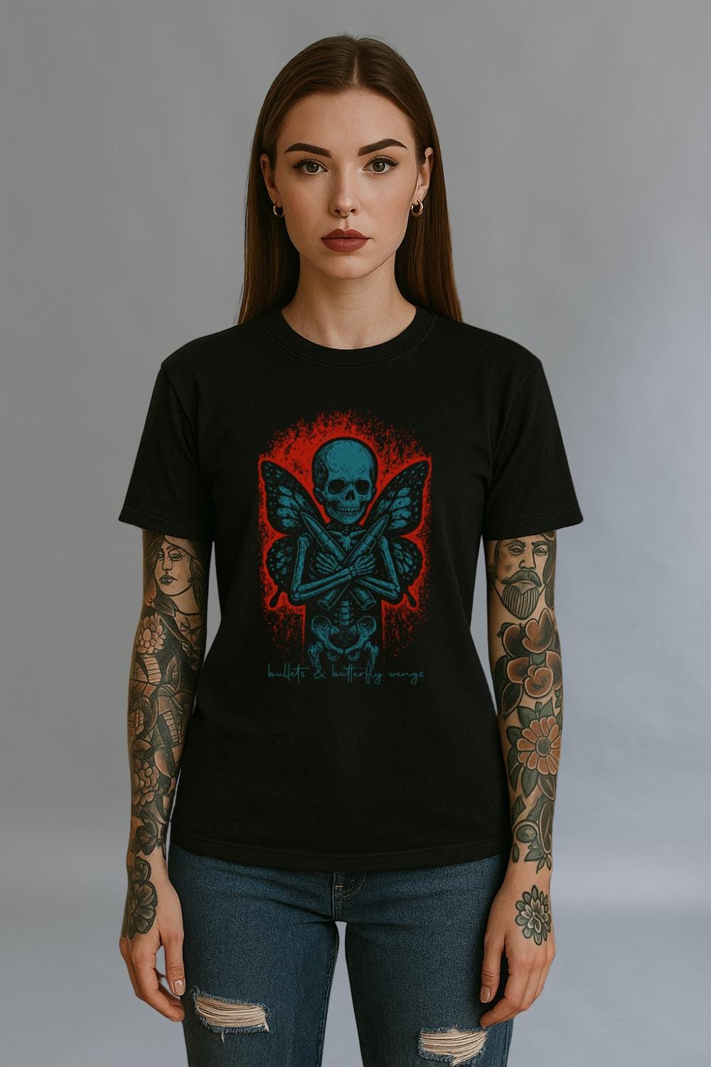 Bullets & Butterfly Wings Skeleton Art | Free Shipping | 10% Off 2 Tees · 25% Off 3