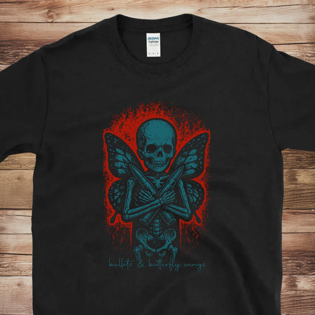 Bullets & Butterfly Wings Skeleton Art | Free Shipping | 10% Off 2 Tees · 25% Off 3