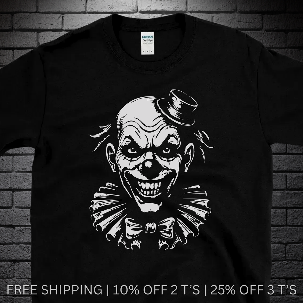 Black t-shirt with a graphic of a clown's face on a brick wall background