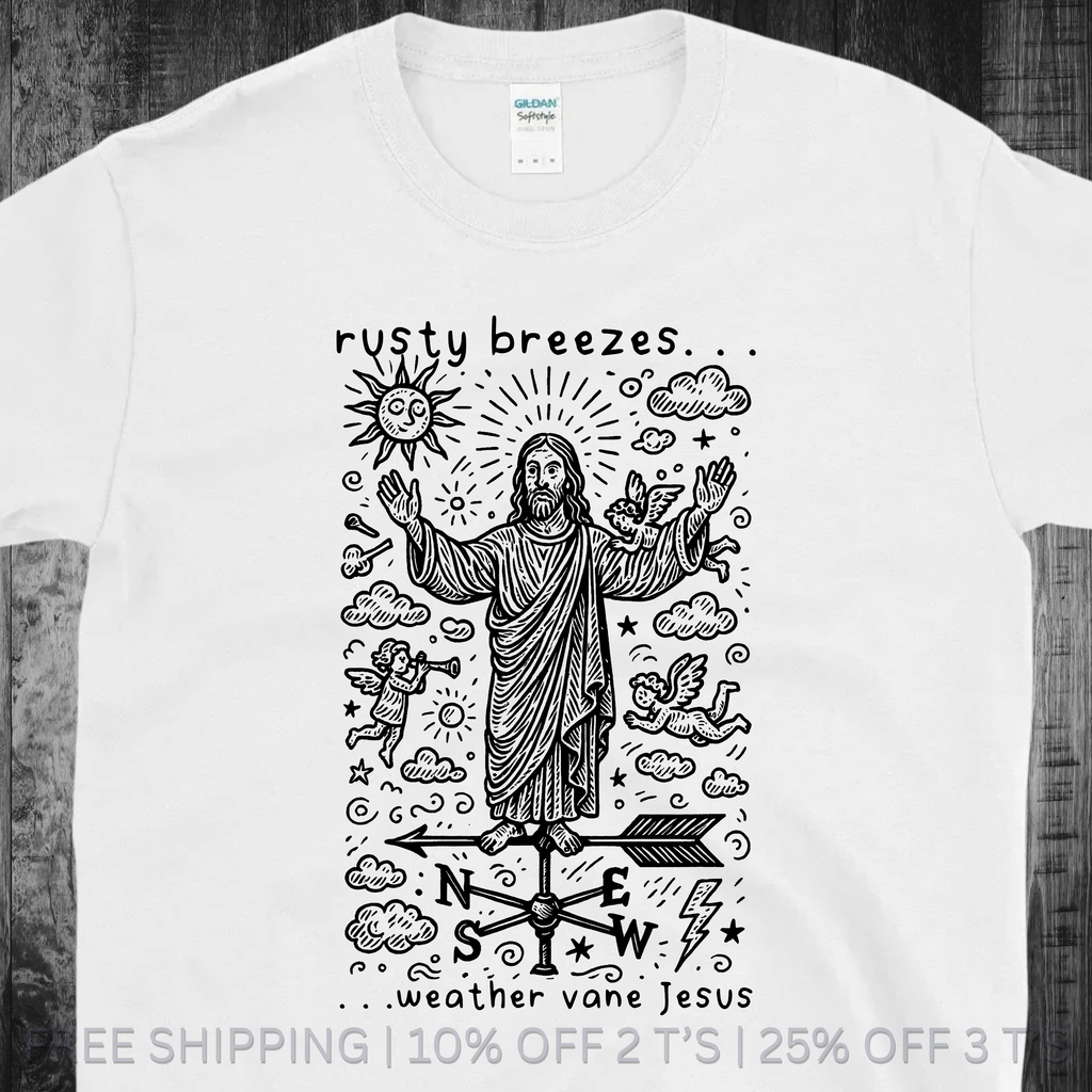 White t-shirt with black graphic design featuring a figure and text on a wooden surface