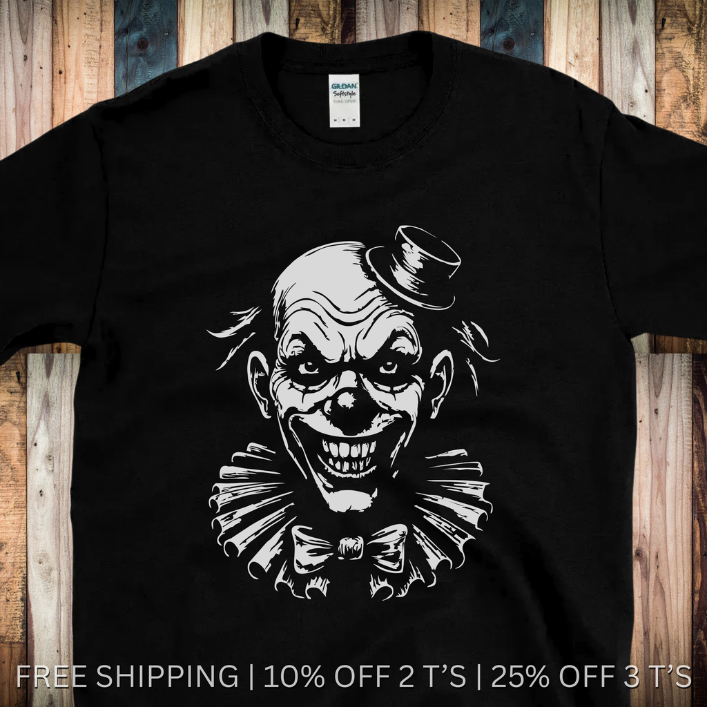 Black t-shirt with a graphic of a clown's face on a wooden background