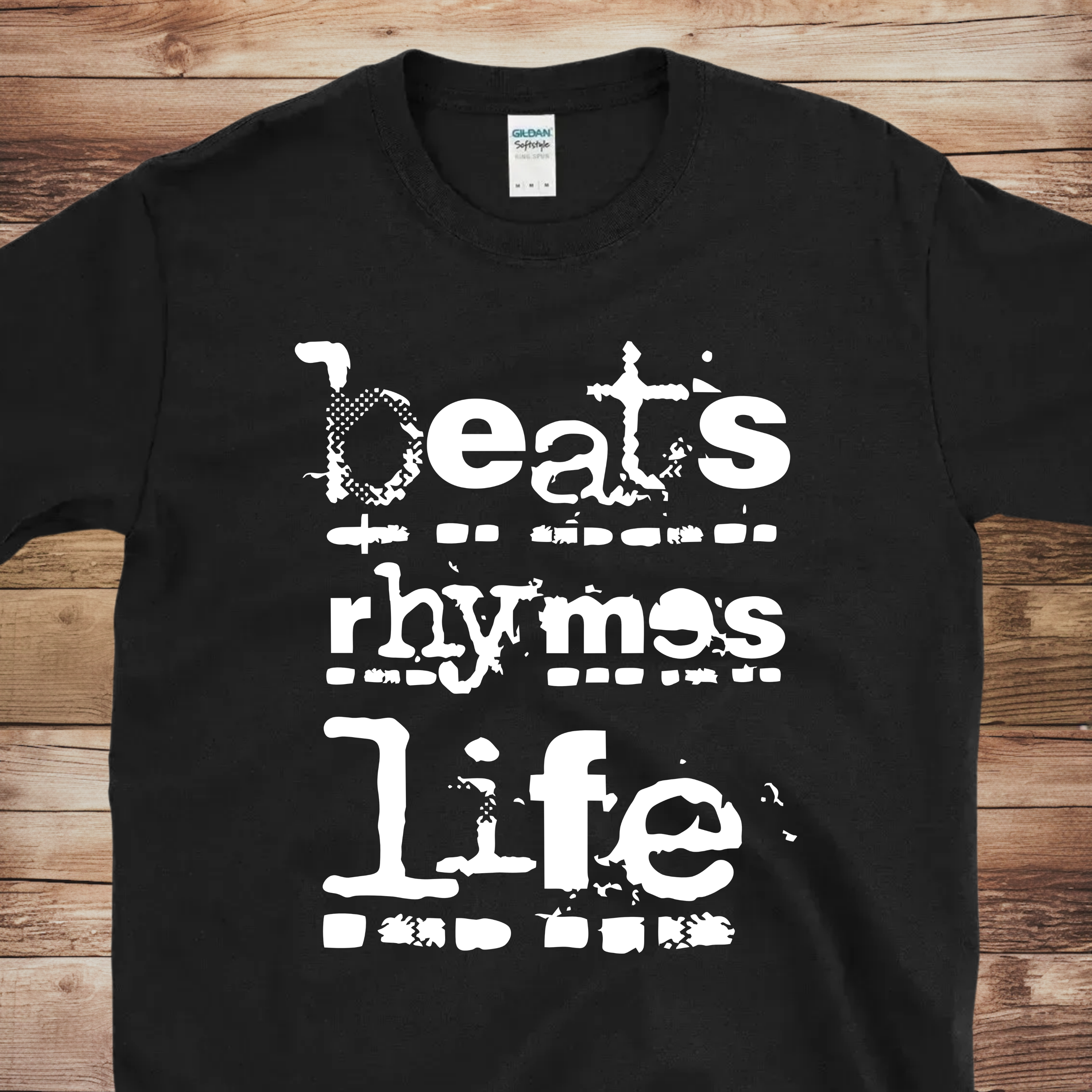 Black hip hop typography T-shirt with beats rhymes life text in distressed white streetwear lettering