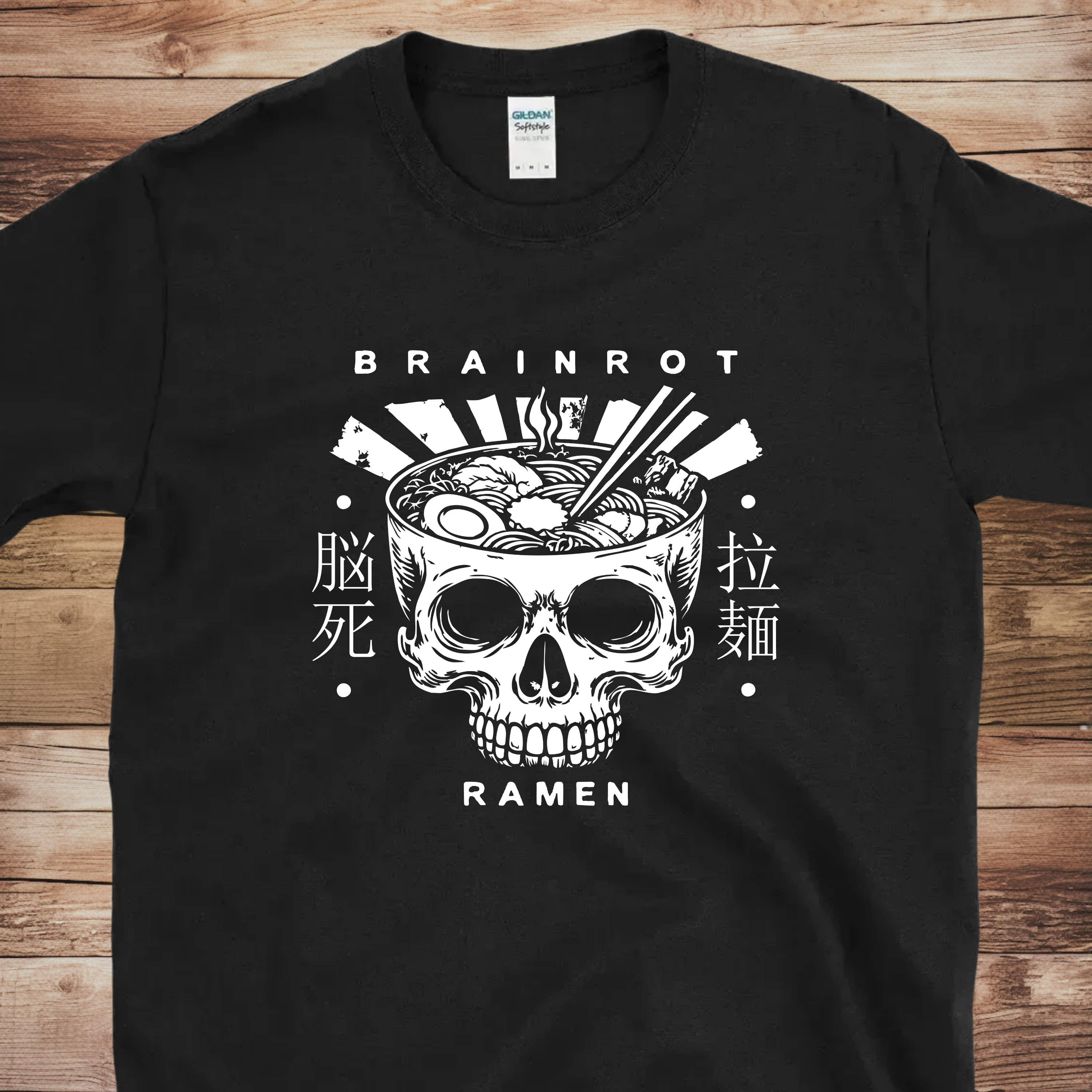 Black Japanese skull ramen graphic T-shirt featuring skull bowl illustration chopsticks and bold streetwear design