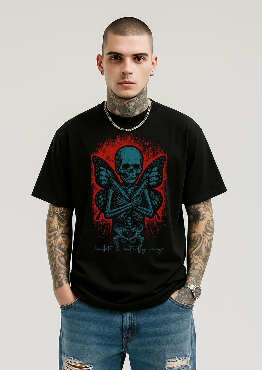 Bullets & Butterfly Wings Skeleton Art | Free Shipping | 10% Off 2 Tees · 25% Off 3