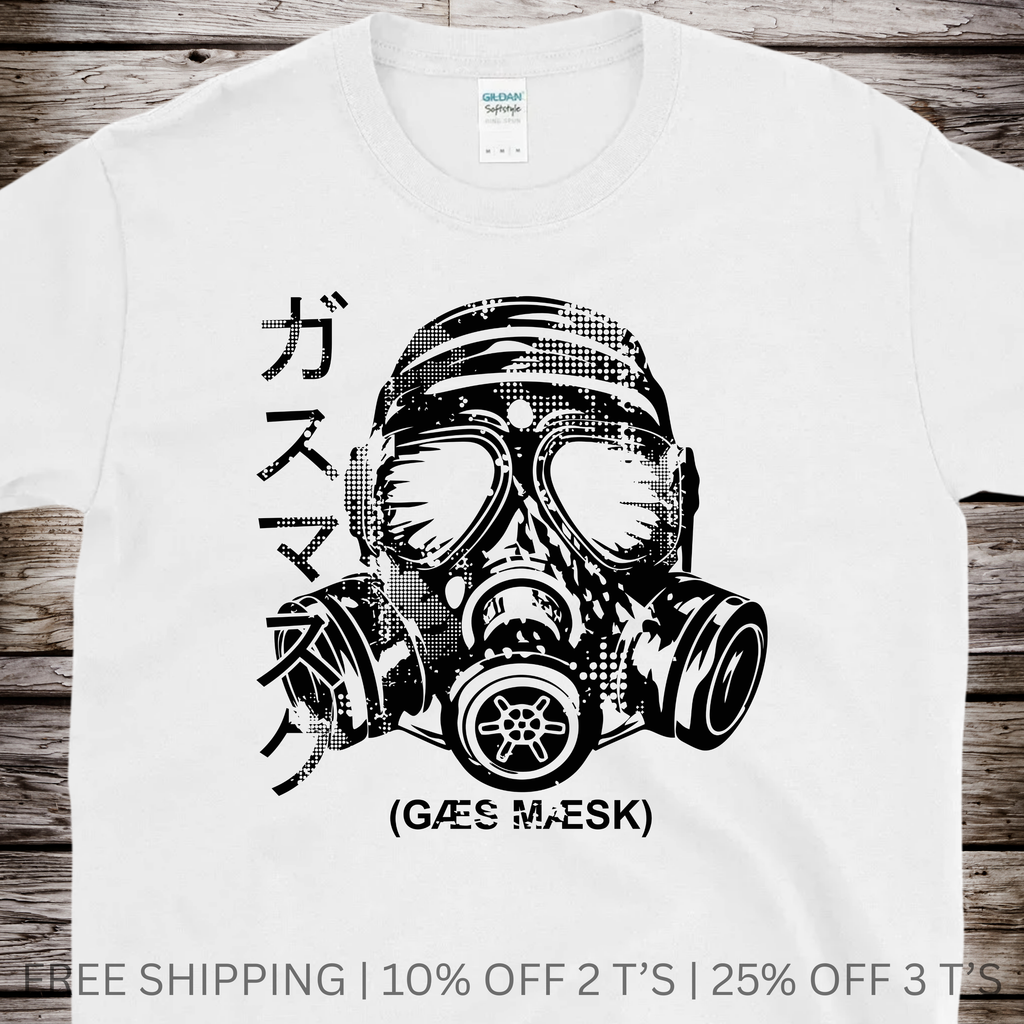 Black Japanese gas mask graphic T-shirt with bold industrial street art style