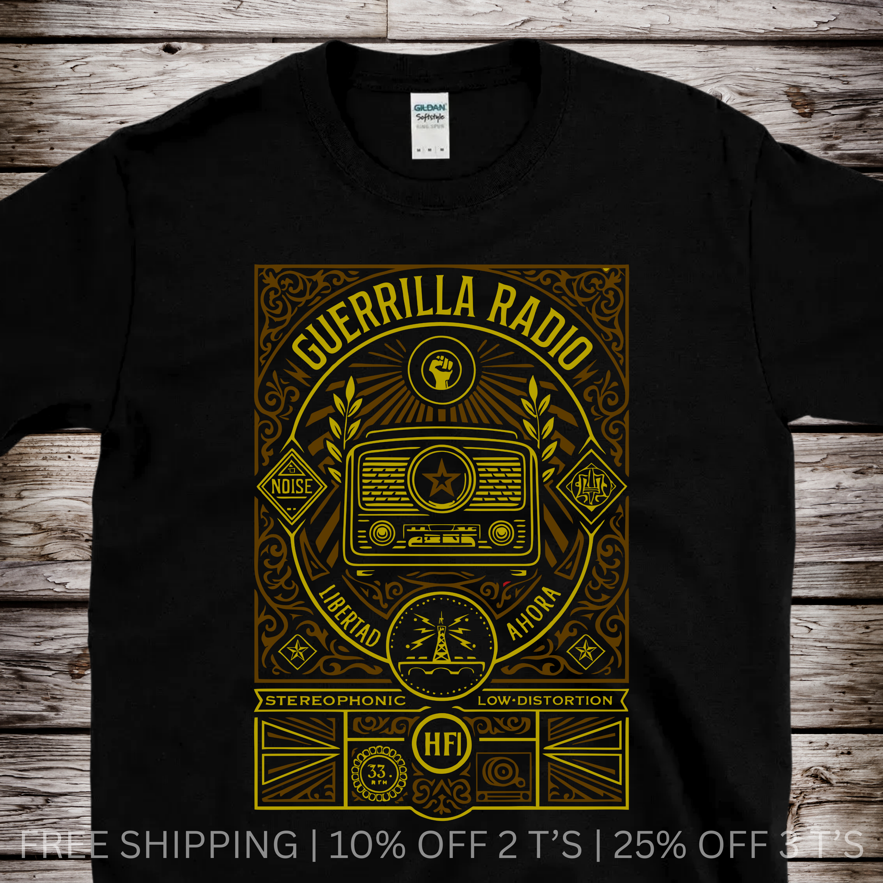Black graphic T-shirt featuring guerrilla radio illustration with libertad ahora text