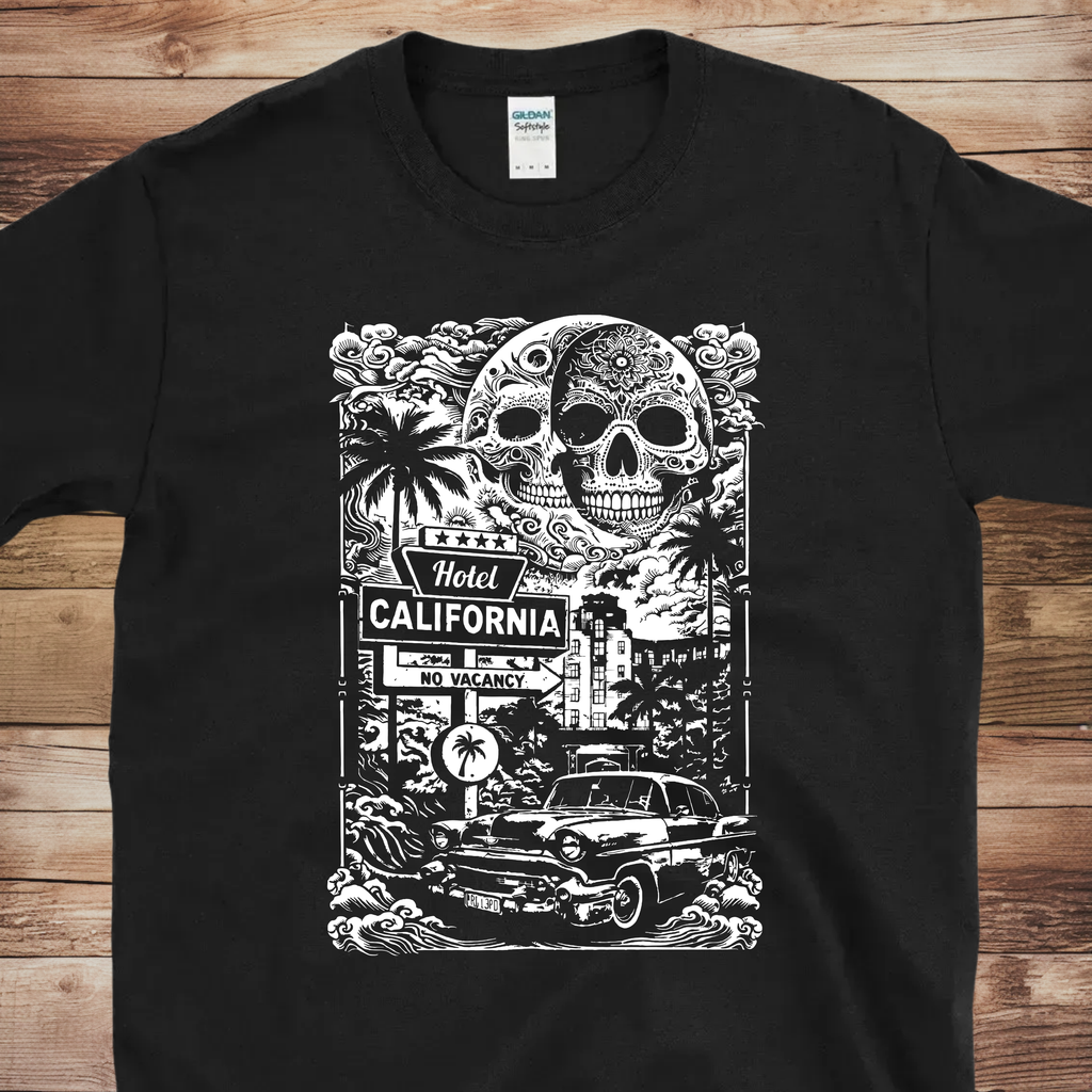 Black and white Hotel California skull graphic T-shirt with vintage motel sign palm trees classic car and dark streetwear design