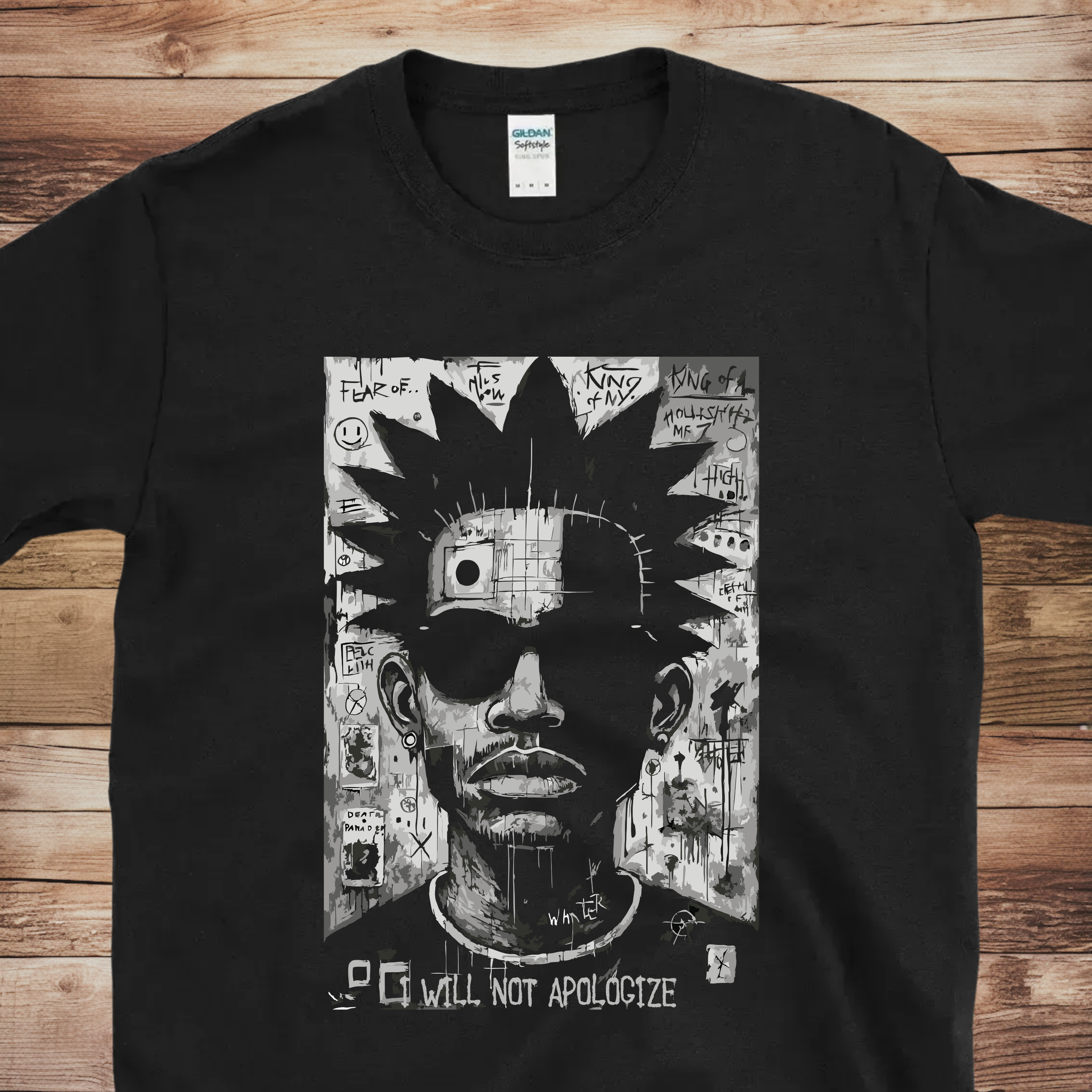 Black punk portrait graphic T-shirt featuring distressed face illustration and I will not apologize text streetwear design