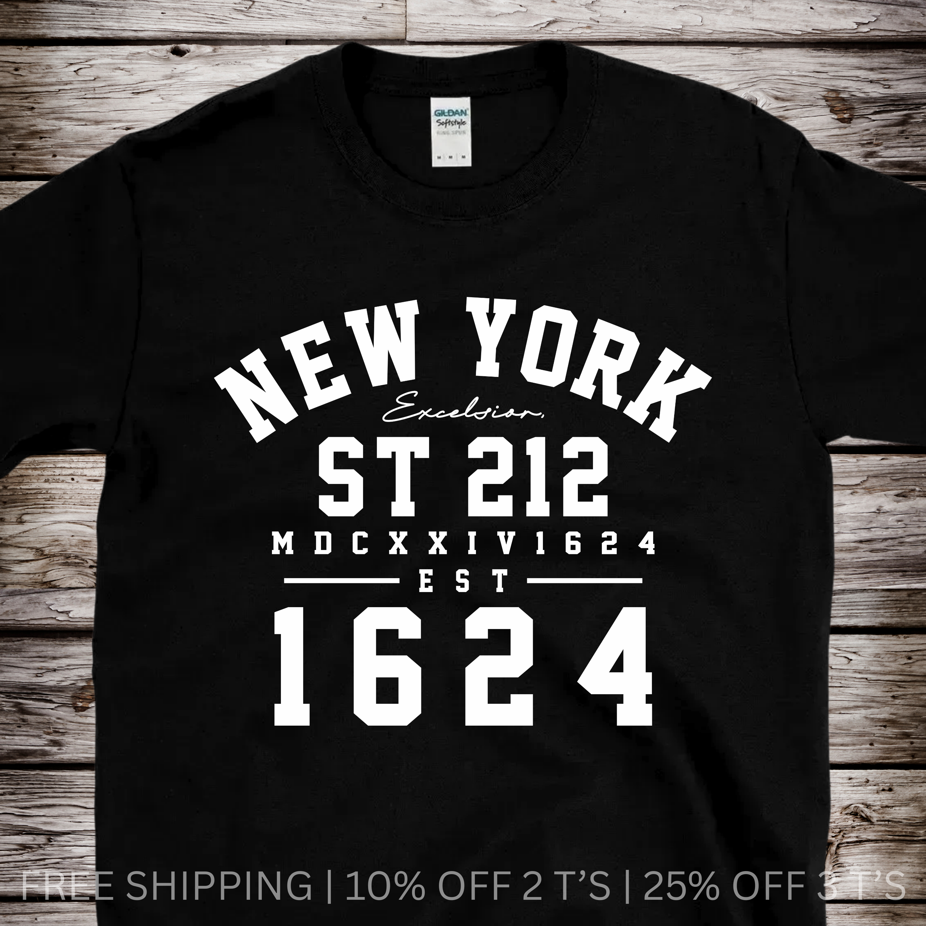 Black graphic T-shirt with bold New York street typography and EST 1624 text