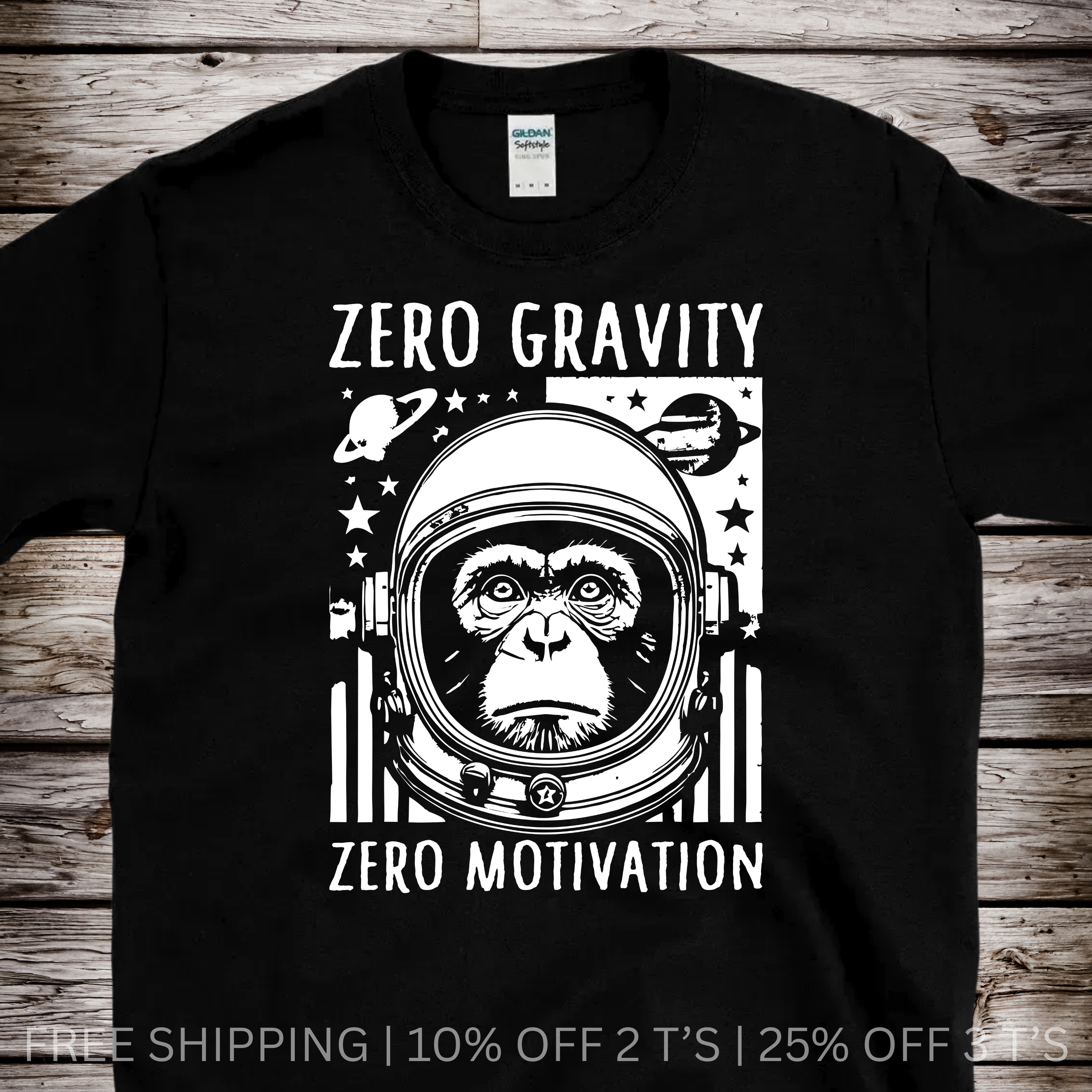 Black astronaut monkey graphic T-shirt featuring space helmet stars planets and zero motivation streetwear design